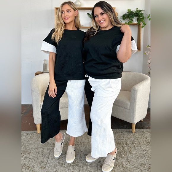 Double Take Full Size Texture Contrast T-Shirt and Wide Leg Pants Set - Picture 14 of 16